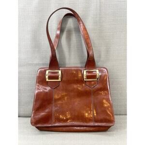 Anne Klein Brown Leather Tote Bag Large Handbag Purse Gold Buckle Double Handle